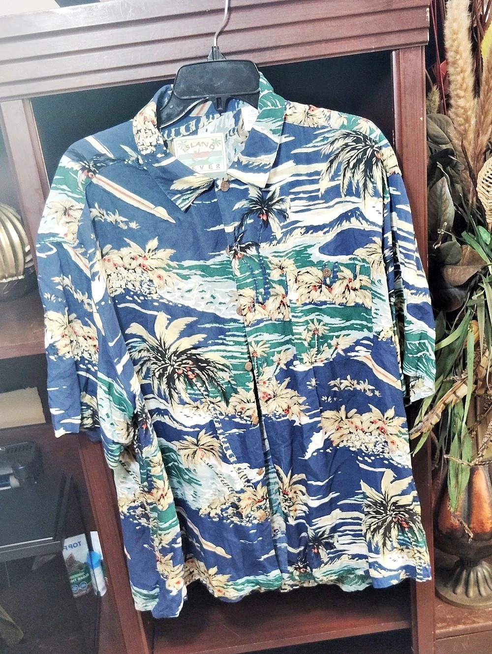 Island Fever Tropical Print Button Down Blue XL